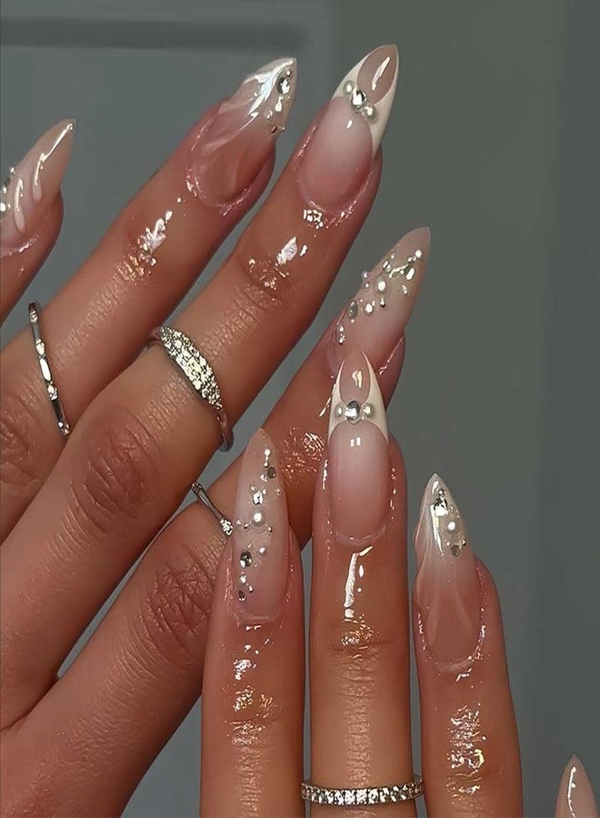 Foccna Press On Nails -Short Almond French Tip Fake Nails with 3D Pearls, Reusable Wedding Nails -24pcs, Gorgeous Nails - Image 1